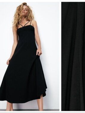 NWOT Zara Linen Blend Black Midi Dress